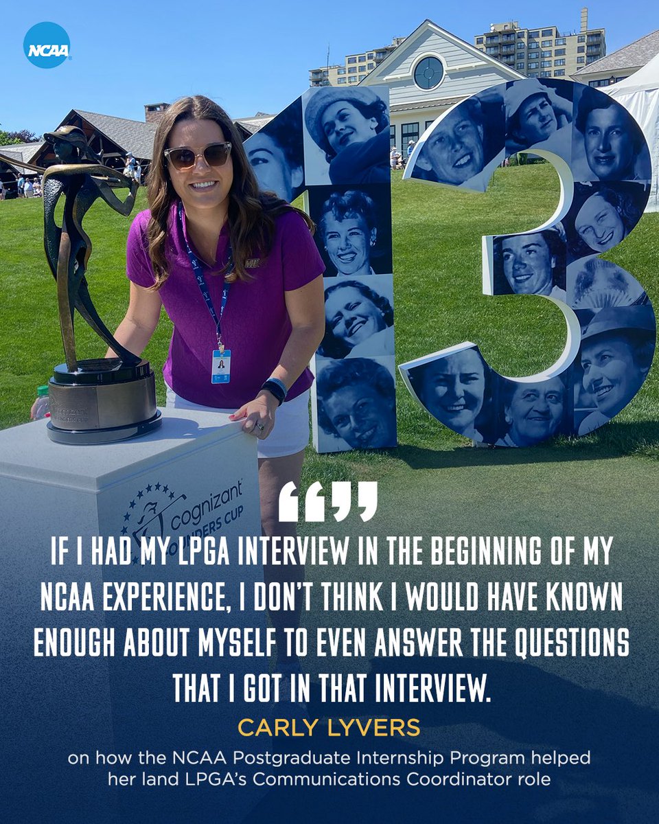 NCAA's tweet photo. Former NCAA postgraduate intern, @CarlyLyvers, @LPGA Communications Coordinator, shares how her internship experience allowed her to fulfill her dream of working in the sports industry! 

#NCAALearnLead | 🔗 https://t.co/TwBAibcNNd https://t.co/ihsZHkOpdF