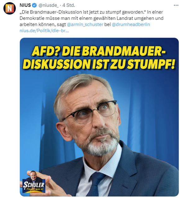 Es gehört wohl zur löchrigen CDU-#Brandmauer wenn der sächsische Innenminister #Schuster ausgerechnet dem neuen rechten #Hetzmedium ein Interview gibt. Seine Einlassungen sind zudem an Einfältigkeit kaum zu toppen. #Kretschmer ist ebenfalls nur noch Katastrophe. #Politikerproblem