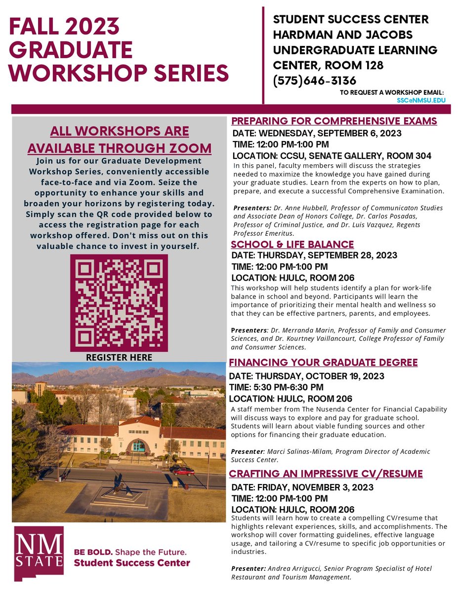 📚 Elevate Your Skills with Our Graduate Development Workshop Series!
@NMSU_EFCS @nmsu @nmsu_arts_sci @NMSUFinAid @nmsu_fwce @NMStateAggies @NMSU_engineer @nmsu_HEST @NMSUStudentTech