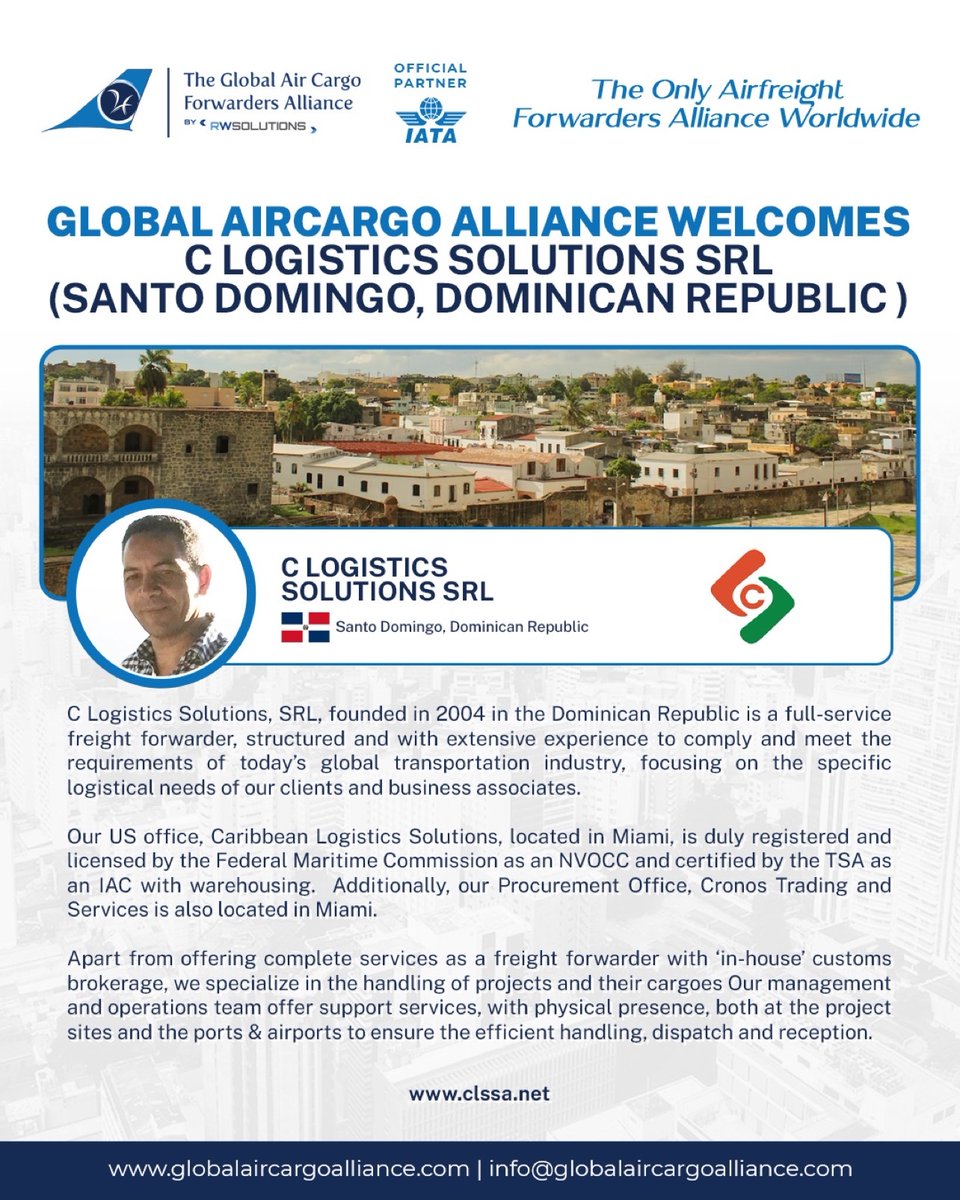 CLS_SRL's tweet photo. Global Aircargo Alliance welcomes our new member from Dominican Republic, C Logistics Solutions SRL

#GlobalAIrcargoAlliance #AirfreightNetwork #AirfreightAlliance #globalnetwork https://t.co/JPLXAvCU0u