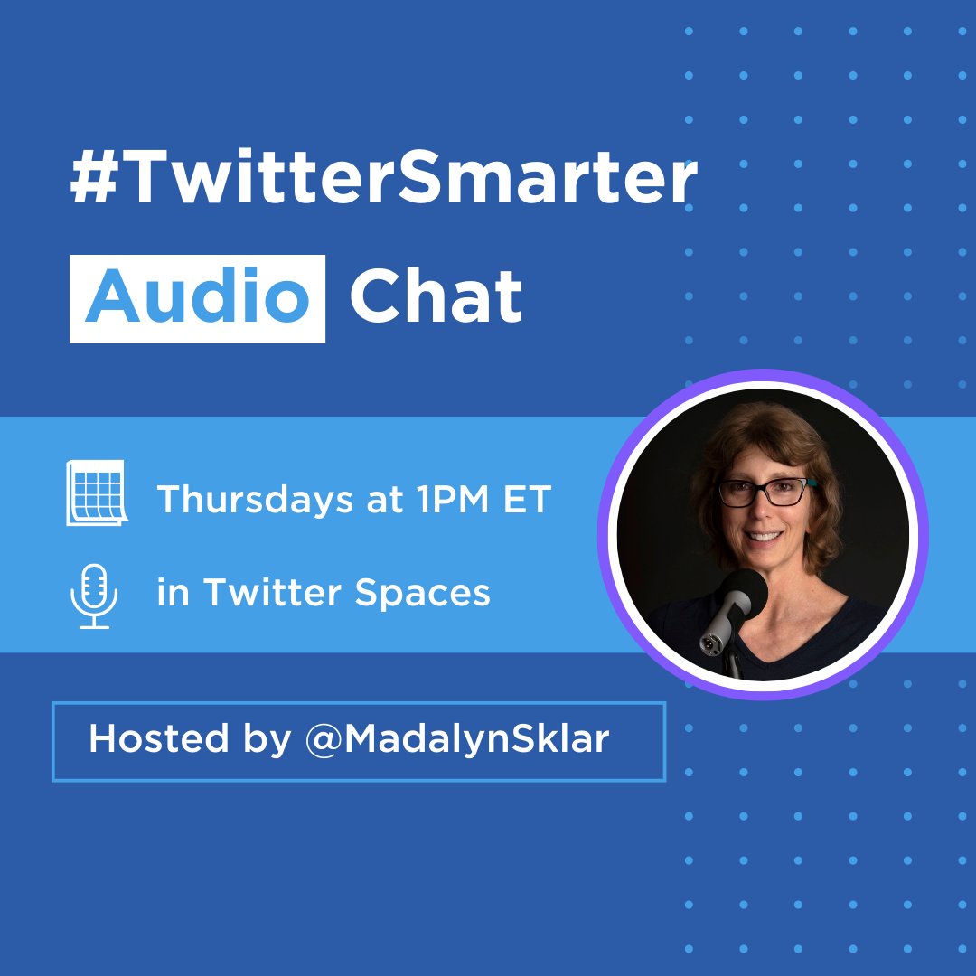 MadalynSklar's tweet photo. I ❤️ Twitter Spaces and host three of them every week!
-Wednesdays 3pm ET #AllThingsAudio
-Thursdays 5pm ET #TwitterSmarter
-Saturdays 1pm ET #TwitterAudits
Get reminders:
https://t.co/VfquUcVHYg https://t.co/FRV8yJKrCx