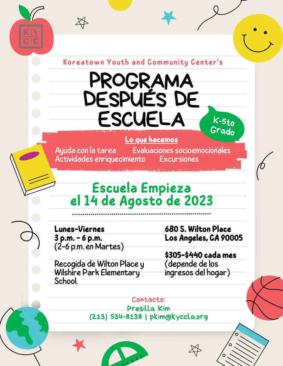KYCCLA's tweet photo. Enrollment is open for KYCC Youth Service Elementary After-School Program! 🎒 Join us Mon-Fri from 3pm-6pm, for a fun after school experience.
🗓️ The first day of school is Monday, August 14th! For more information, contact Presilla Kim at pkim@kyccla.org or call (213) 534-8138. https://t.co/jciMmIFnCP