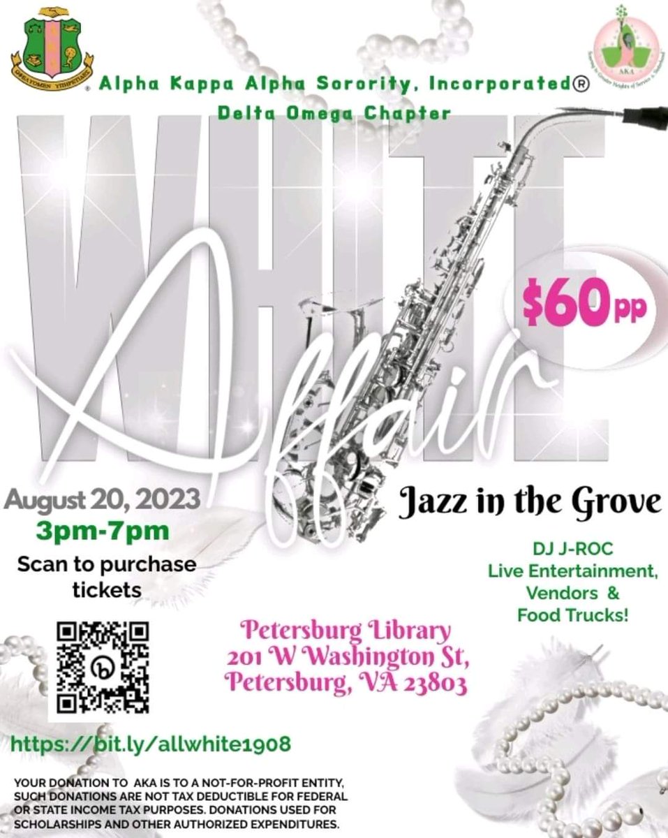 ⚠ VENUE CHANGE!!! 
This is now an INDOOR/OUTDOOR event! Join us at our all-white affair at the Petersburg Public Library, 201 W. Washington St. on August 20th 3pm - 7 pm. Tickets are still have available 🎉 #AKA1908 #soaringwithAKA