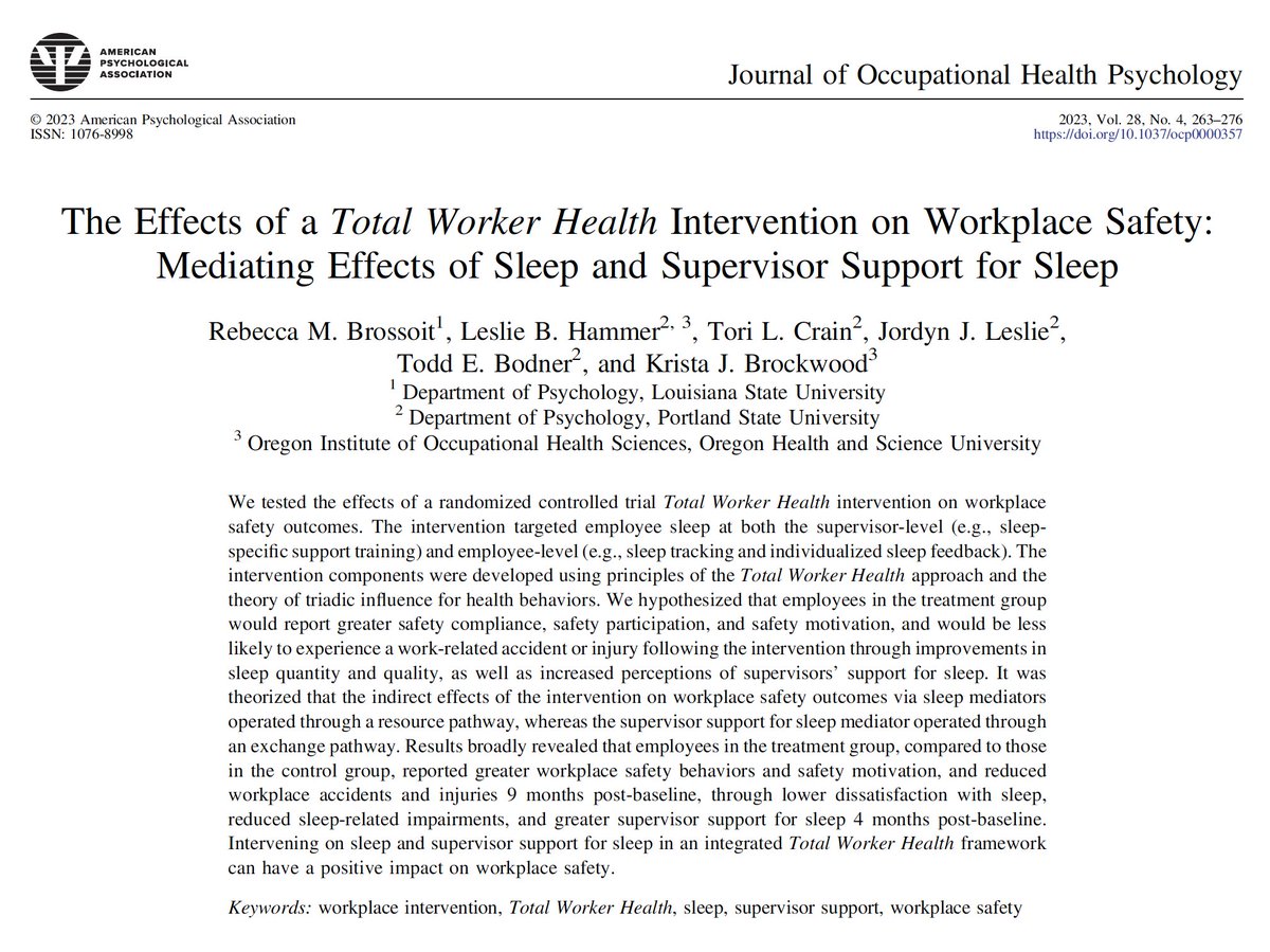 Check out our new paper at JOHP! @APA

We found that a @NIOSH_TWH workplace intervention targeting sleep also improved workplace safety. @hammerles @DrToriCrain @JordynJLeslie 

psycnet.apa.org/record/2023-99…

#OHPsych #sleep #safety #TWH #intervention