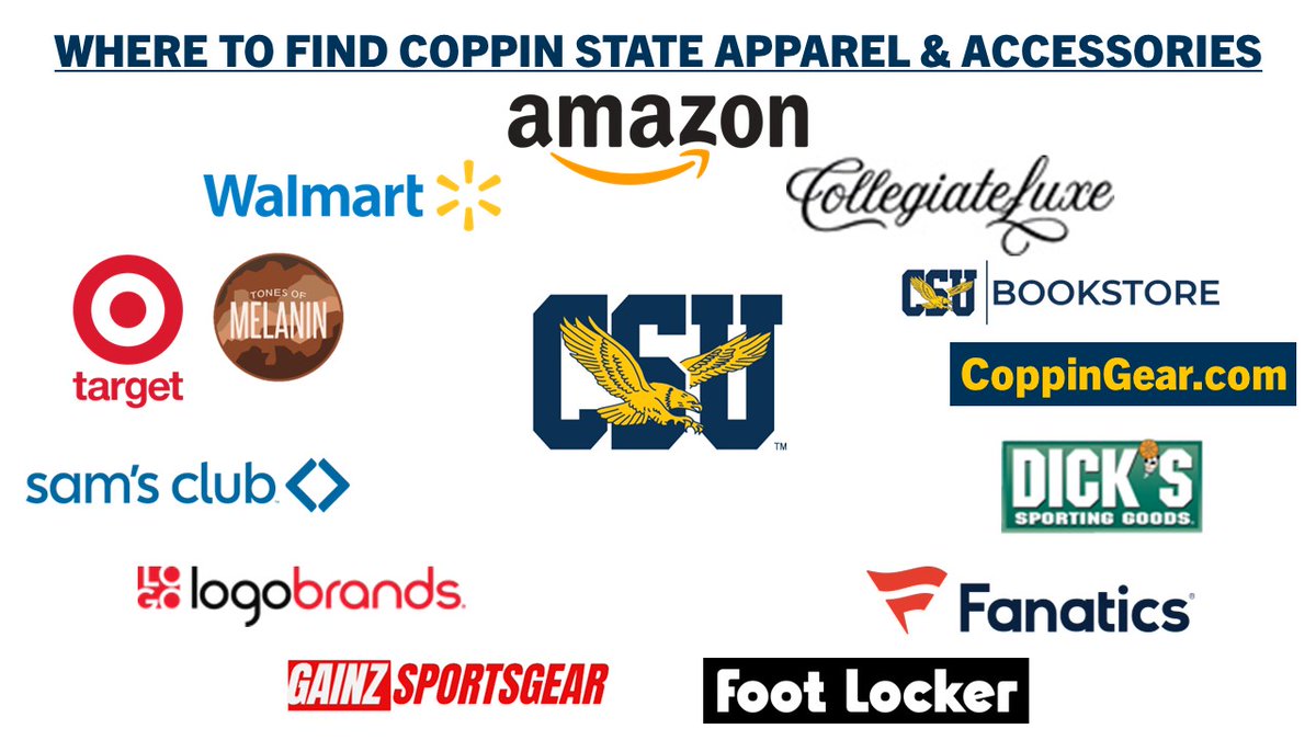 coppinsports's tweet photo. Getting ready for the school year? Get your Coppin State gear from these licensed retailers! #eaglesnation, #EaglePride, #Amazon, #collegiateluxe, #dickssportinggoods, #follet, #Fanatics, #footlocker, #gainzsportswear, #logobrands, #SamsClub, #target, #tonesofmelanin, #walmart https://t.co/mdztj5BQTW