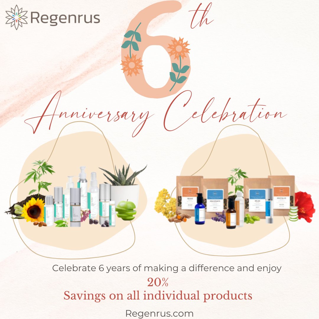 regenrus's tweet photo. Celebrate @regenrus 6 year anniversary with 20% savings on all individual products and support our mission to be a force for good by benefiting people animals and planet before profit! 
Visit https://t.co/4Kn4iMYEt7 to shop 
#regenrus #savings #anniversary #holistichealth #denton https://t.co/V4kmkmWnbJ