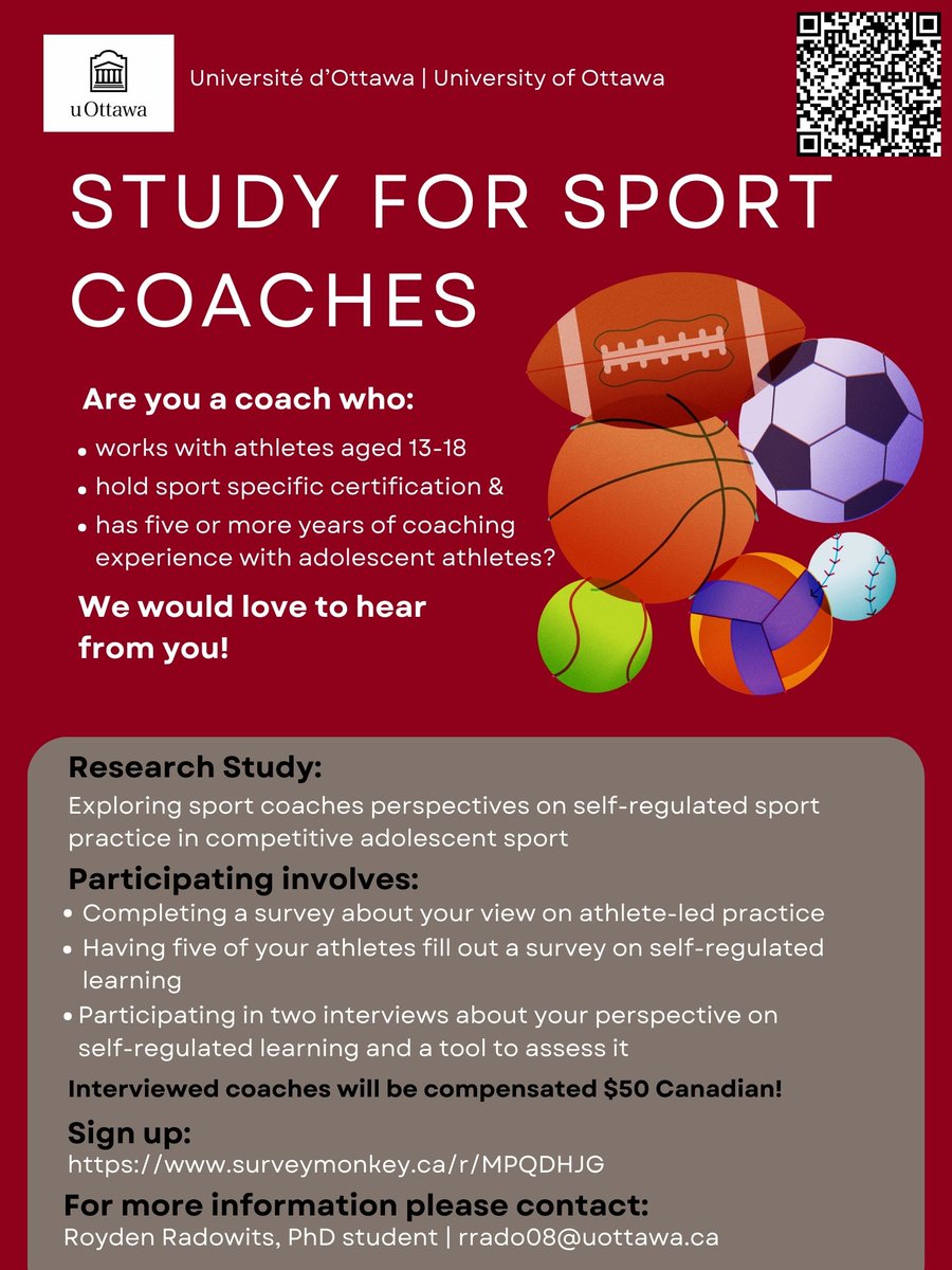 Are you a sport coach who works with adolescent athletes? Interested in self-regulation - one of the hottest concepts in the psychology of athlete development? Please consider this study we're doing with our amazing colleagues at the University of Ottawa.
surveymonkey.ca/r/MPQDHJG