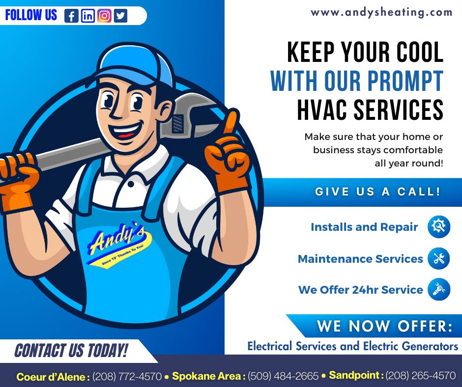 AndysHeating's tweet image. 🏠❄️Keep your cool with our prompt HVAC services! Call Andy's Heating and Cooling today!
We now offer Electrical Services and Electric Generators.
.
.
#AndysHeatingAndCooling #ElectricalServices #ACCheckup #SummerReady #BeatTheHeat #ElectricalExperts #HVACMaintenance