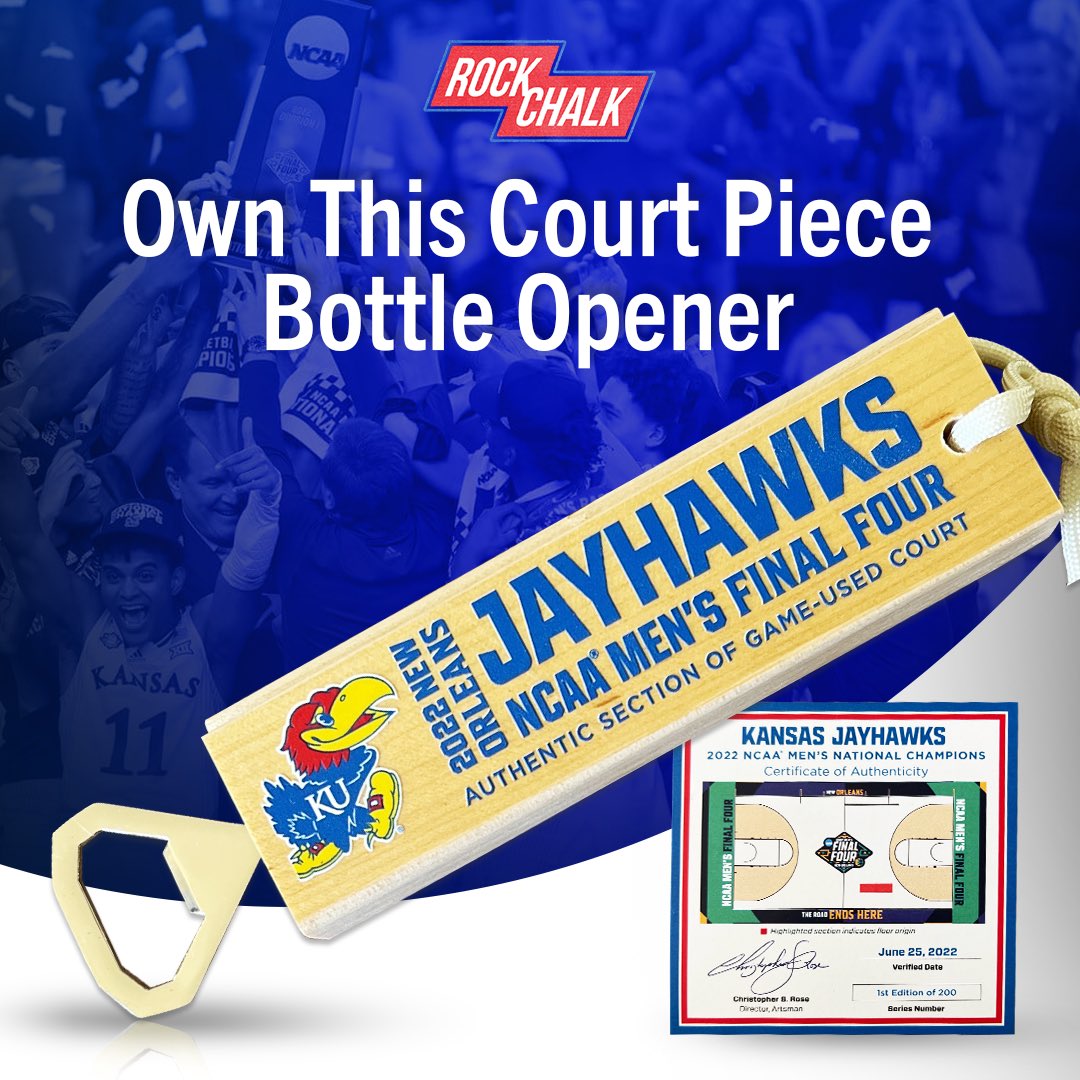 gorockchalk's tweet photo. Tailgate season is almost here, and you have a chance to win the best bottle opener ever made 👀

Here’s how to enter to win this 2022 KU National Championship Court Piece bottler opener is…

✅Follow @gorockchalk 

RT and tag someone you’re going to the Booth with this fall!

Winner announced 08/21!