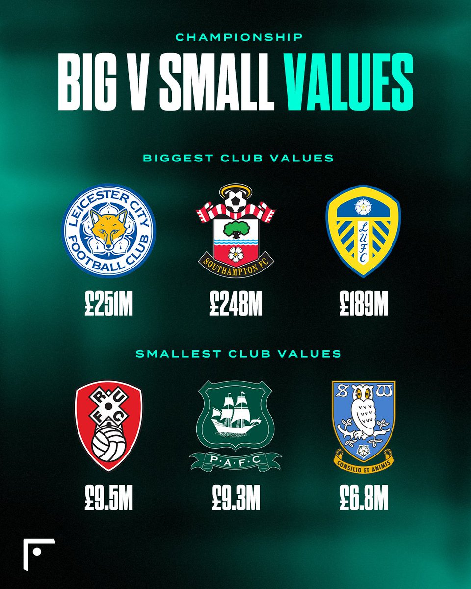 hubfootballclub's tweet photo. The difference between the three biggest and the three smallest club values in the Championship is absolutely STAGGERING 🤯

#LCFC £251M 🦊
#SouthamptonFC £248M 🌳
#LUFC £189M ⚪️
-----------------
#RUFC £9.5M 🔴
#PAFC £9.3M 🟢
#SWFC £6.8M 🦉 https://t.co/dSBfjDezYT