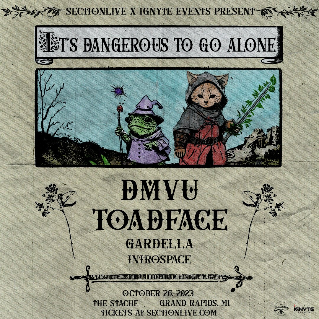 Support Update - <a href="/Gardellaaaa/">Gardella</a> and <a href="/IntrospaceMusic/">Introspace</a> join <a href="/DMVUofficial/">𝑫𝑴𝑽𝑼</a> and <a href="/toadinyoface/">Toadface</a> for their It's Dangerous To Go Alone Tour at The Stache on 10/26

Tickets on sale now! | 🎫 bit.ly/DMVU-Toad