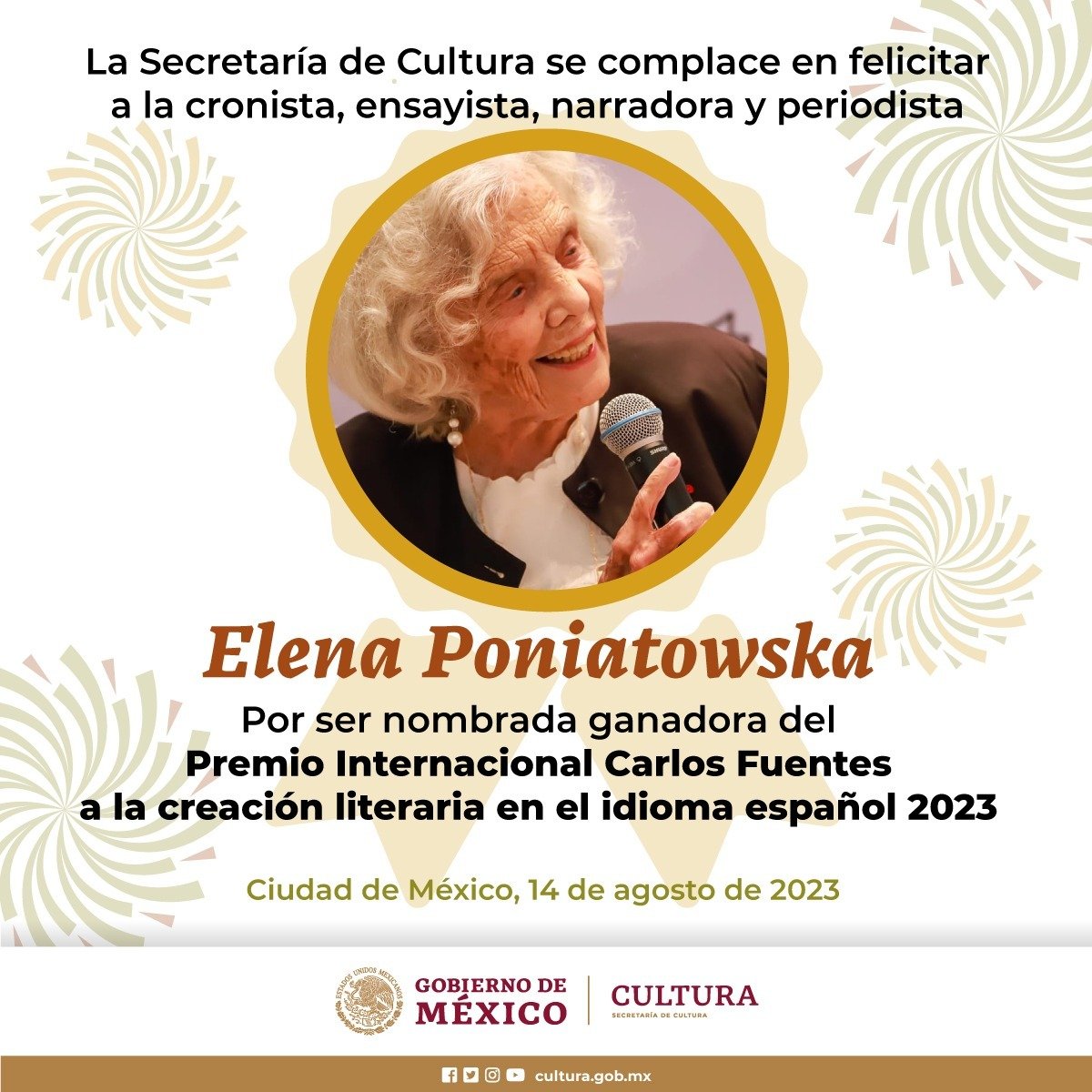 El premio Carlos Fuentes 2023 que entrega @cultura_mx y @UNAM_MX es para @Eponiatowska, la más grande escritora mexicana de nuestro tiempo. Este premio celebra su literatura, llena tanto de alegría como de crítica y belleza. Felicidades Elena querida.