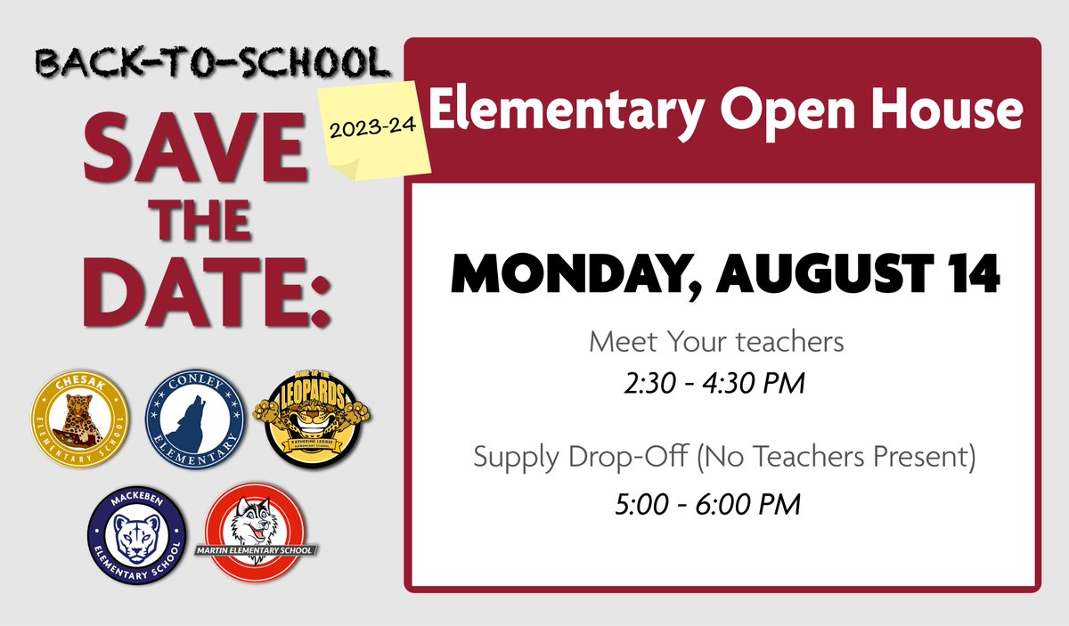 🎒BACK-TO-SCHOOL: TONIGHT is open house night for all of our elementary schools! Come and meet your teachers from 2:30 - 4:30 PM or drop-off your school supplies from 5:00-6:00 PM! See you there! 🤩