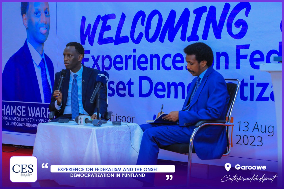 CES Somalia (@cessomalia) on Twitter photo Panel, moderated by the Director of CES <a href="/RobleDahir1/">Roble Dahir</a>, comprised Garowe intellectuals who extended a warm welcome to <a href="/hamse_warfa/">Hamse Warfa</a>, Senior Advisor at the Department of State, and shared experiences on Federalism and Democratization. Panel, moderated by the Director of CES <a href="/RobleDahir1/">Roble Dahir</a>, comprised Garowe intellectuals who extended a warm welcome to <a href="/hamse_warfa/">Hamse Warfa</a>, Senior Advisor at the Department of State, and shared experiences on Federalism and Democratization.