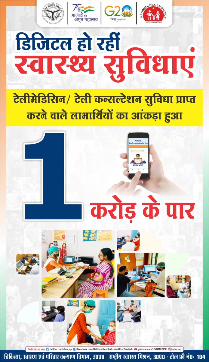 nhm_up's tweet photo. डिजिटल हो रहीं हैं स्वास्थ्य सुविधाएं

जरूरतमंद को घर के समीप ही @HWC_UP पर टेली कंसल्टेशन से मिल रहा हैं चिकित्सकीय परामर्श का लाभ l

प्रदेश में एक करोड़ के पार हुआ टेलीमेडिसिन/ टेली कंसल्टेशन सुविधा प्राप्त करने वाले लाभार्थियों का आंकड़ा l

@UPGovt 
@brajeshpathakup 

#DigitalHealth
#Teleconsultation