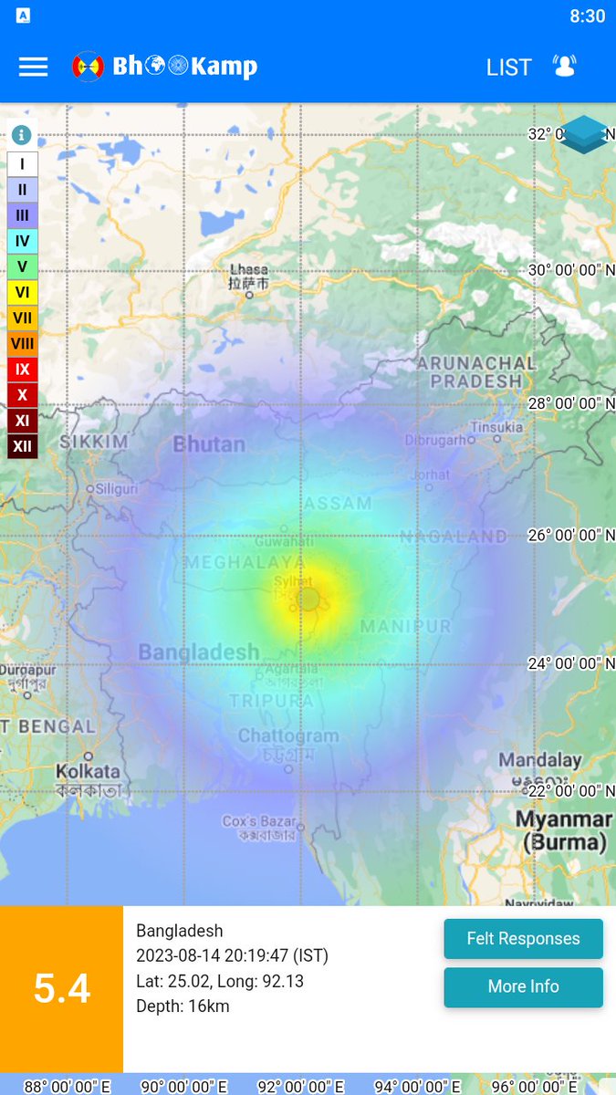 Earthquake of Magnitude:5.4, Occurred on 14-08-2023, 20:19:47 IST, Lat: 25.02 &amp; Long: 92.13, Depth: 16 Km ,Location: 49km SE of Cherrapunjee, Meghalaya, India for more information Download the BhooKamp App seismo.gov.in/MIS/riseq/Inte… <a href="/Dr_Mishra1966/">Dr. O. P. Mishra</a> <a href="/moesgoi/">MoES GoI</a> <a href="/KirenRijiju/">Kiren Rijiju</a>