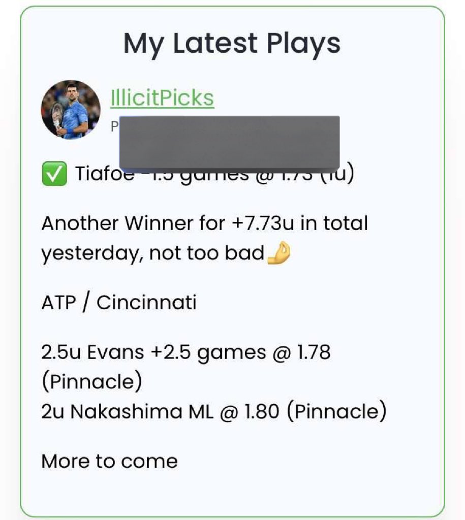Capperleaked's tweet image. #IllicitPicks

#MatchPointBets
Evans +2.5 -115 3U
Safiullin +2 -118 3U
Dimitrov +2.5 -120 3U
Coric +3 -116 2U
Nakashima ML -130 2U
Shevchenko +3.5 -110 2U
Berrettini + Ruusuvuori Parlay +120 2U