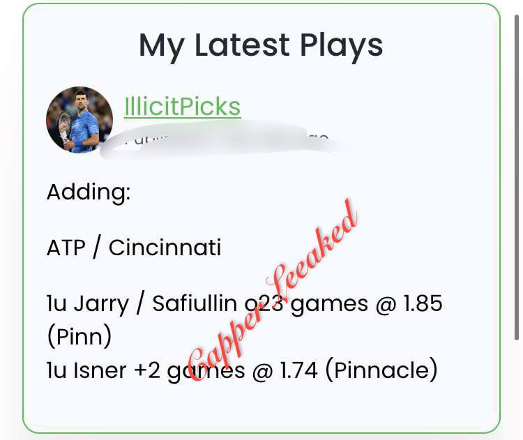 Capperleaked's tweet image. #IllicitPicks

#MatchPointBets
Evans +2.5 -115 3U
Safiullin +2 -118 3U
Dimitrov +2.5 -120 3U
Coric +3 -116 2U
Nakashima ML -130 2U
Shevchenko +3.5 -110 2U
Berrettini + Ruusuvuori Parlay +120 2U
