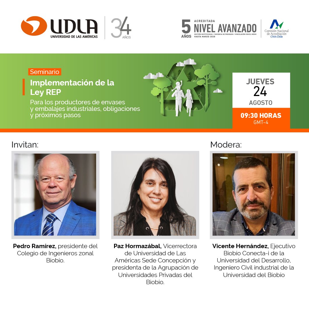 valeortiz's tweet photo. El Colegio de Ingenieros y la Agrupación de Universidades Privadas del Biobío, invitan al seminario Implementación de la #LeyREP.
Jueves 24 de agosto, a las 09:30 horas, en el Auditorio de Campus El Boldal de @UDLA_CL Concepción.
Inscripciones en: https://t.co/9qtnaxb1lX https://t.co/Y0F2XAs1yP
