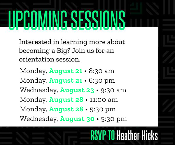 Do something Big!

Learn more about becoming a volunteer at one of our upcoming information sessions.  If interested, please (use the acuity link below) RSVP to Heather Hicks!
app.acuityscheduling.com/schedule.php?o…
•
•
#KeepKidsConnected #DefendersofPotential #BecomeAbig2023