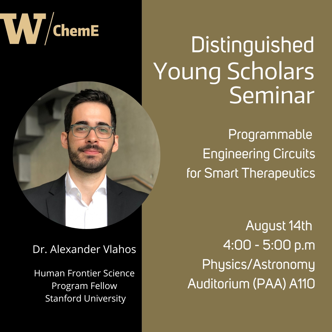 Meet Alexander Vlahos (@AlexVlahos), our next Distinguished Young Scholars Seminar presenter! Dr. Vlahos is a Human Frontier Science Program Fellow at Stanford University (@stanford) and will be sharing a talk titled ' Programmable #Engineering #Circuits for Smart #Therapeutics.'