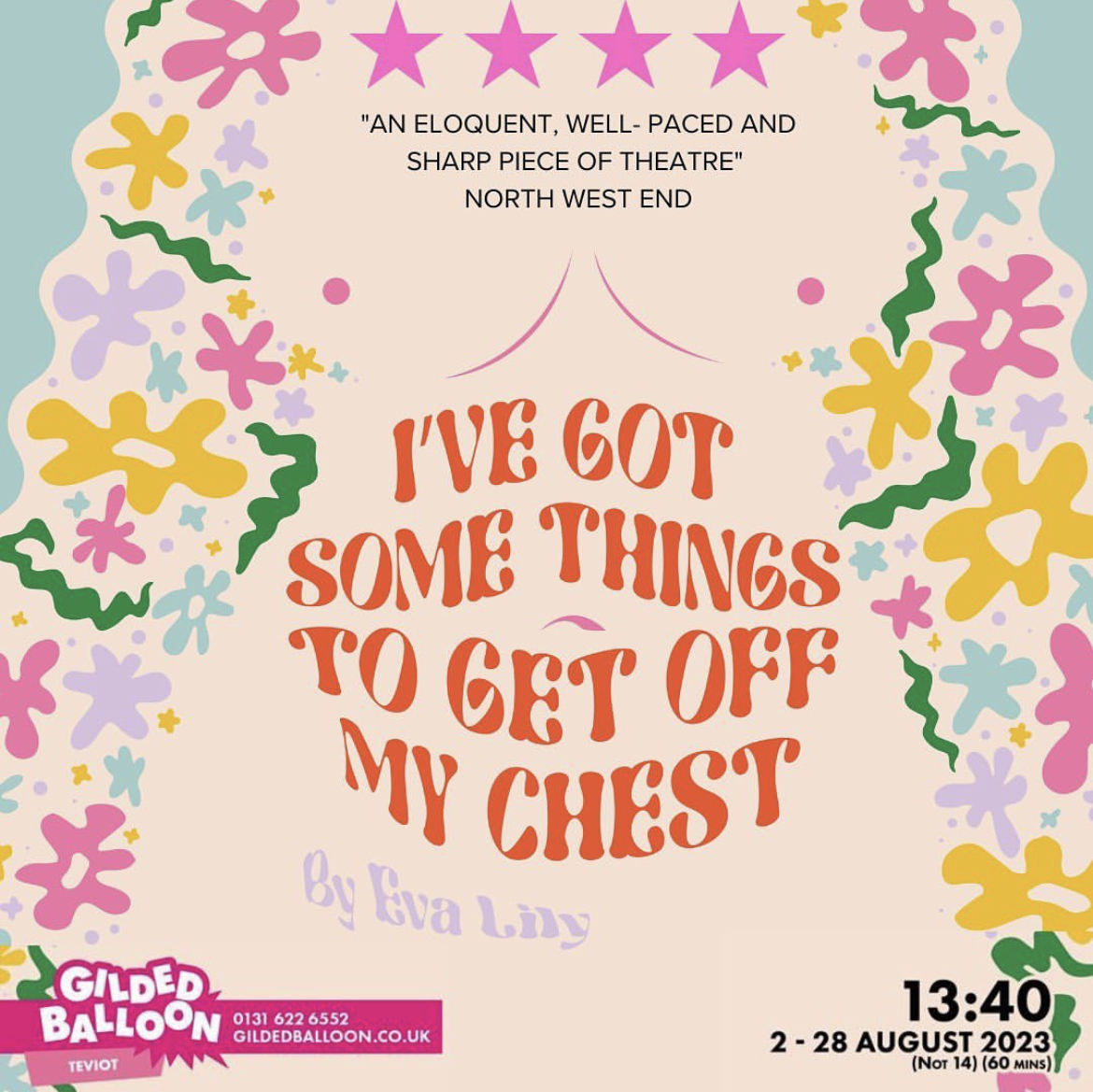 <a href="/taleblazerstc/">Tale Blazers Theatre Company</a> <a href="/edfringe/">Edinburgh Festival Fringe</a> <a href="/EveandSea/">Eve and Sea Productions</a> present I've Got Some Things To Get Off My Chest, 2-28 August at 1.40pm a one-woman show from this emerging theatre company consisting of Eva &amp; Connie. #exeteratthefringe 4/8