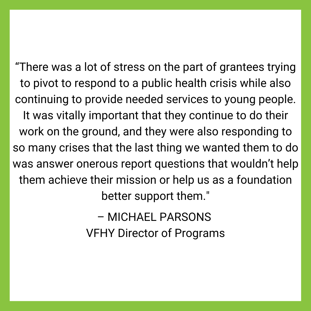 .<a href="/CEPData/">Center for Effective Philanthropy</a> interviewed VFHY for its new report on how funders changed their approach to grantmaking during and after the coronavirus pandemic.

Read the full report here: vfhy.ink/3qpQXPg  

#Health #Youth #HealthyKids #Grants #Funding