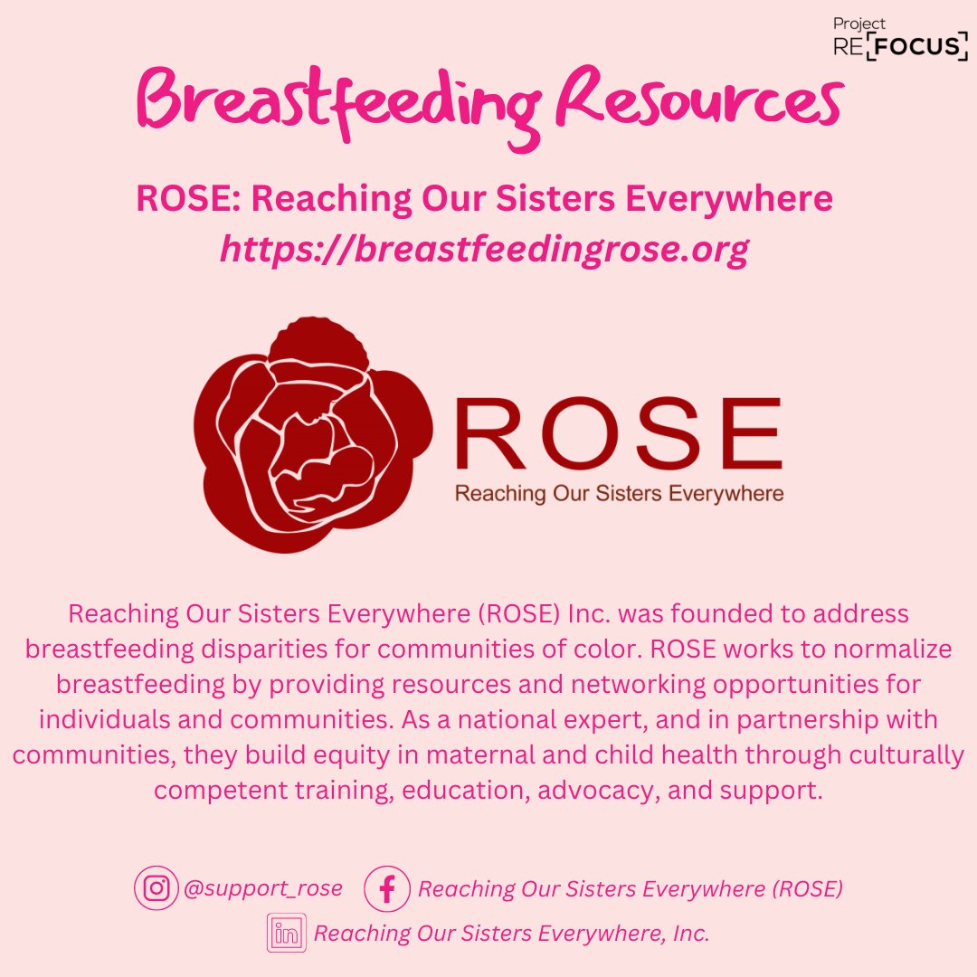 Reaching Our Sisters Everywhere (ROSE) was founded to address breastfeeding disparities for communities of color. ROSE works to normalize breastfeeding by providing resources and networking opportunities for individuals and communities. #NationalBreastfeedingMonth #healthequity