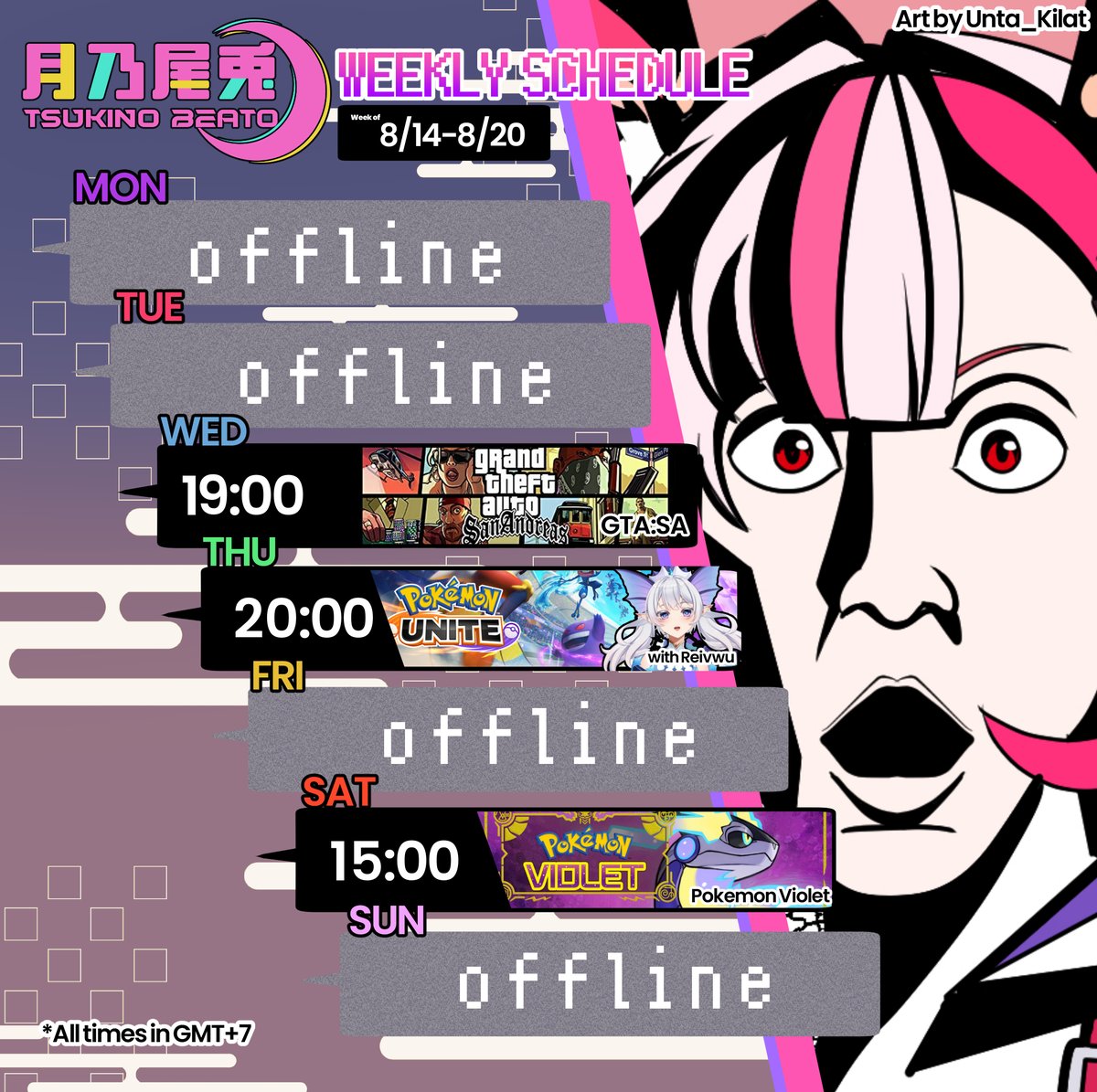 TsukinoBeato's tweet photo. 【WEEKLY SCHEDULE】

Speedrunning Pokemon Violet this weekend!

▼LIVE on YT▼
Hashtag: #TsukinoBeato 
LIVE: #BibiBroadcast 
Art: #BibiBeauty
Clips: #BibiClips
Yabe: #BombasticBibi
Fan Name: #Bibits 
Fan Mark: 👾 https://t.co/TacDRhpPP3