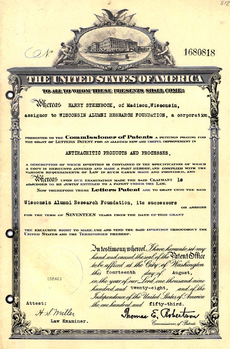 It's been 95 years since the first patent was issued for <a href="/UWBiochem/">UW–Madison Biochem</a> prof. &amp; WARF founder Harry Steenbock's vitamin D discovery.

#WisconsinInnovates