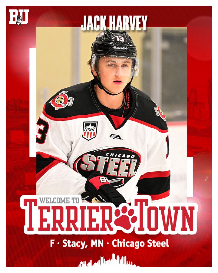 Graphic welcoming former Chicago Steel forward and Stacy, MM native Jack Harvey to Terrier Town. Includes photo of Jack skating for Chicago.