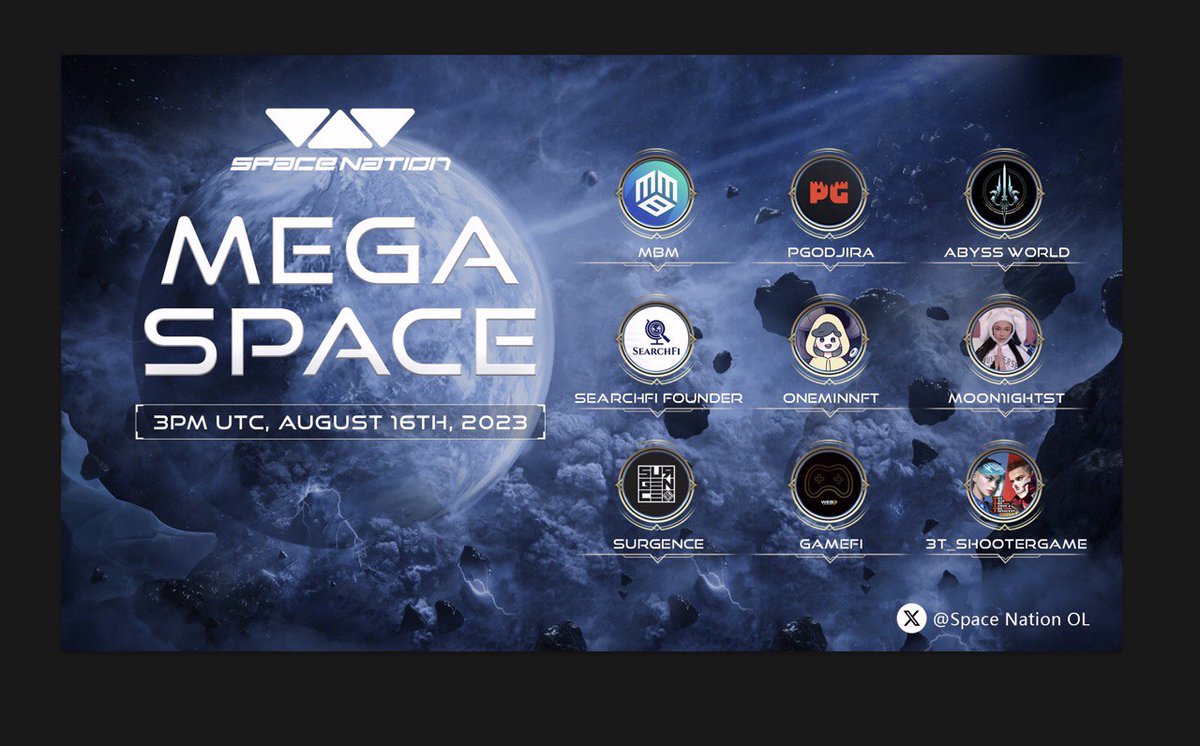 SpaceNationOL's tweet photo. 🌌 Stand by, Explorers! Space Nation will soon host its first Mega Spaces with important dignitaries from around the Web3 Universe!

Set Reminders: https://t.co/MfXfsT6T52

Attending the space can grant you access to major Alpha and a chance at winning a free mint. 

Comment "Alpha Gate" and book your calendar below.