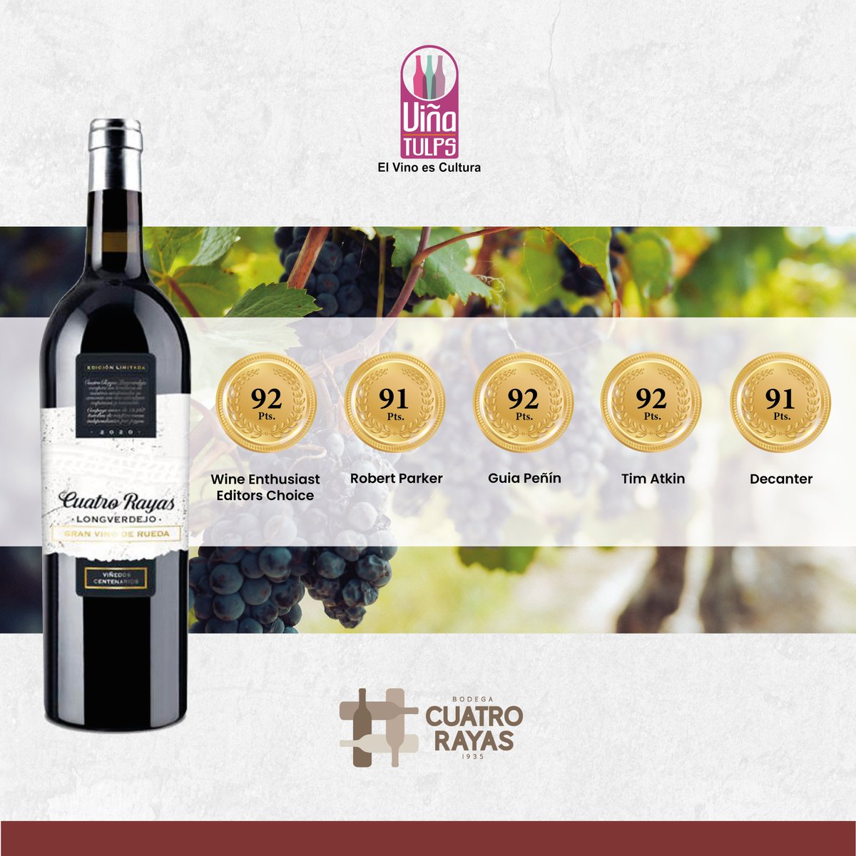 VinaTulps's tweet photo. 🏆Estamos encantados de compartir con todos los amantes de la buena mesa, nuestra selección de vinos excepcionales de la bodega @bodegacuatrorayas, premiados con 90 puntos o más. 🌟