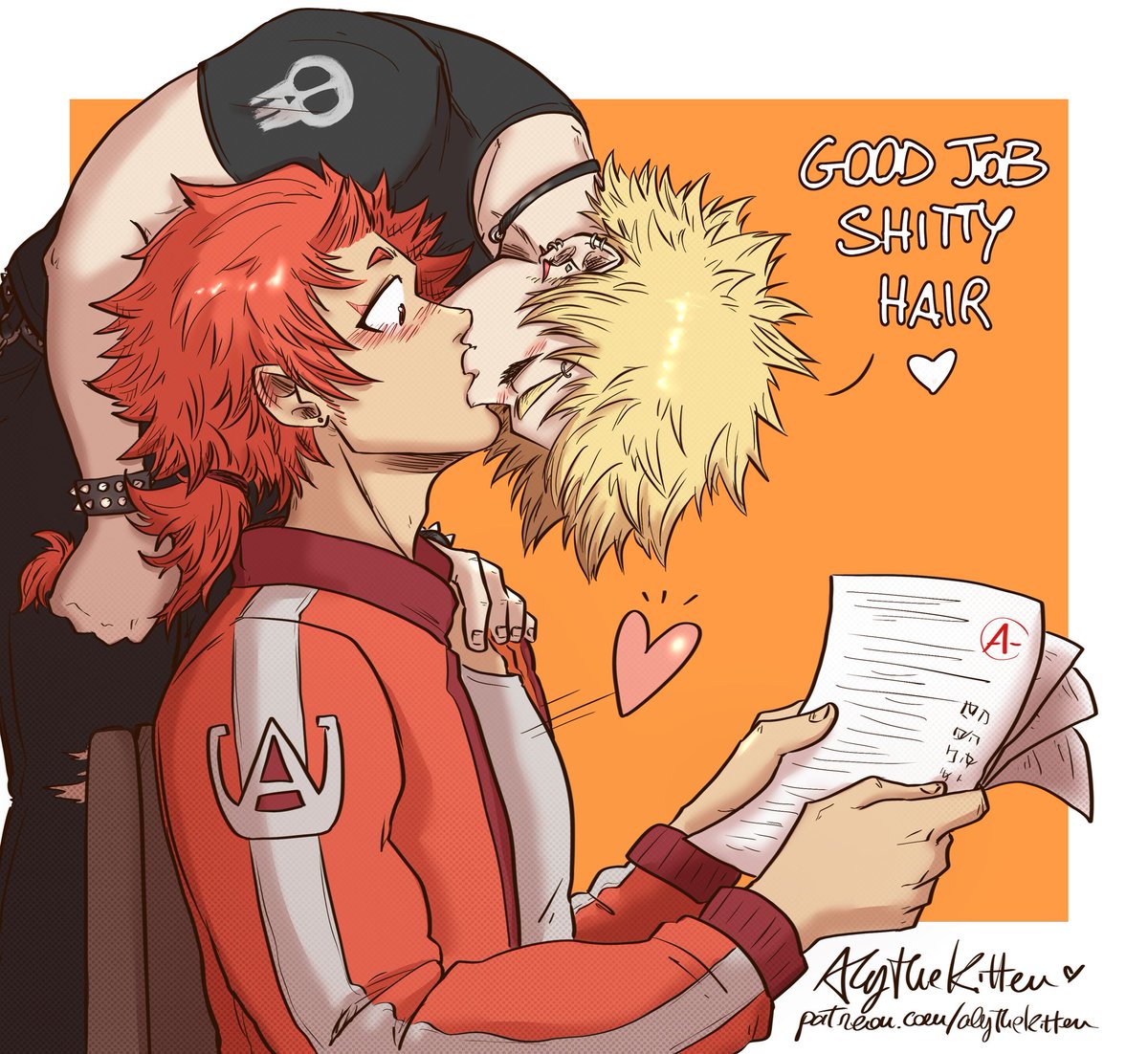 KiriBaku Month Day 14: First Kiss

CollegeAu, Jock!Kirishima & Goth! Bakugou ❤️🧡
Bakugou is tutoring Kirishima and he actually scores a good one in finals, he's so proud of the red head that he might deserve a little prize 😚💕

Thank you for the idea Ale!!
#KRBKMonth23