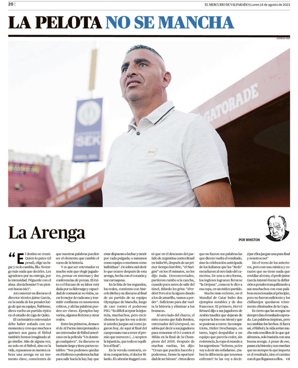 Gserranodelpozo's tweet photo. “La arenga”, la columna de Winston hoy en El Mercurio de Valparaíso, lunes 14 de agosto de 2023. #Ñublense #JaimeGarcia #Arenga #copasudamericana #Bilardo #Bielsa https://t.co/FLNWfjGuvQ