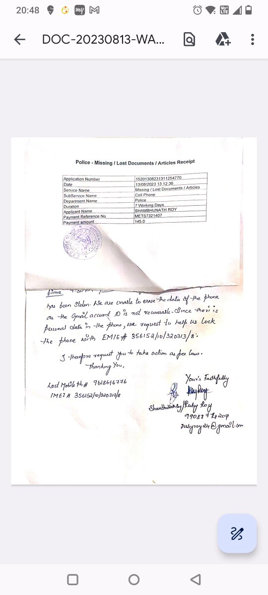 rubyroy24's tweet photo. @cyberabadpolice @cpbbsrctc @hydcitypolice I have reported a phone stolen at the Sanathnagar police station by paying a challan of 145rs. The phone is supposed to be blocked by today and we are to get a message. https://t.co/6QxLHpM5p4