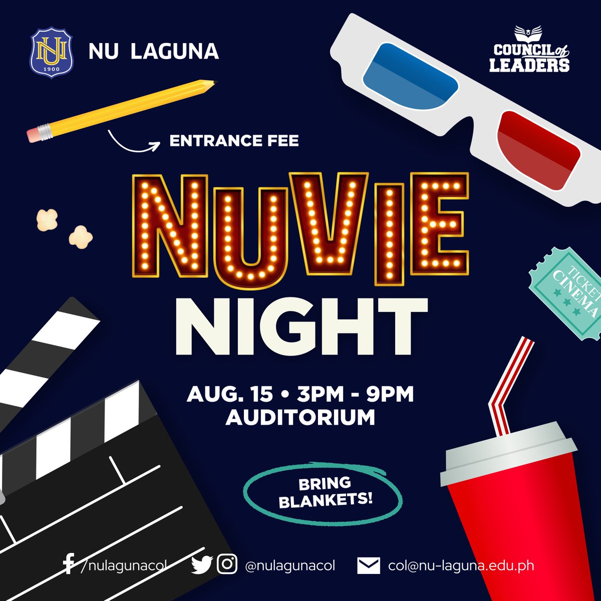 nulagunacol's tweet photo. Get ready, NUbies!
NUvie Night is coming to #OWeek2023! π¬πΏ Join us tomorrow, Aug 15, 3-9 PM at the Auditorium for a chill movie night. Just bring a pencil βοΈ as your entrance fee!
#makeaNUstart https://t.co/USI2Y2taOo
