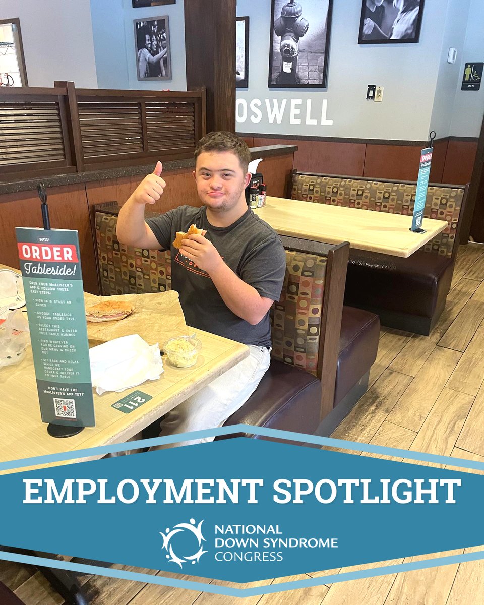 NDSC's tweet photo. Cameron Kindree, 21 of Georgia, works at McAlister’s Deli. He says he enjoys washing dishes, taking out the trash, and packing cookies. "I have Down syndrome and just like others with Down syndrome, I have many abilities!” Cameron, thank you for sharing your employment story! https://t.co/Or8HSJdY7L