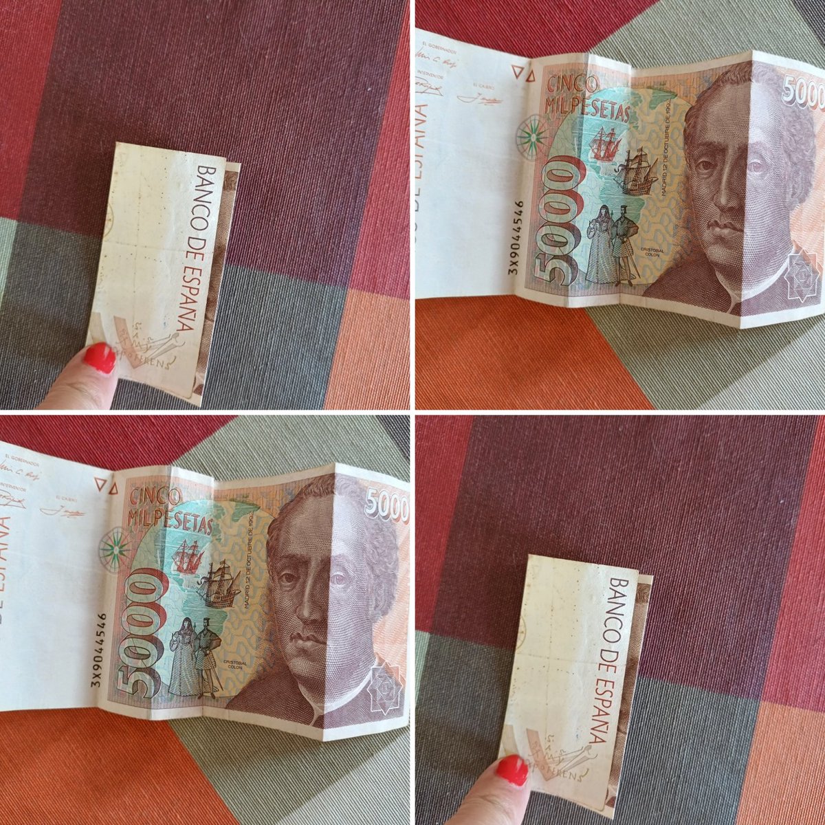 maruxaledicia's tweet photo. Cando pasaba por diante da Praza de Abastos de Carballo, vin algo no chan, parecía un billete de 10€ e non había ninguén ao que lle puidese ter caído. Recollino. Ao collelo vin que de 10 euros non parecía, se cadra eran 50, pero, cando o desencartei vin que eran... 5000 pesetas! https://t.co/58TlLFAxlr