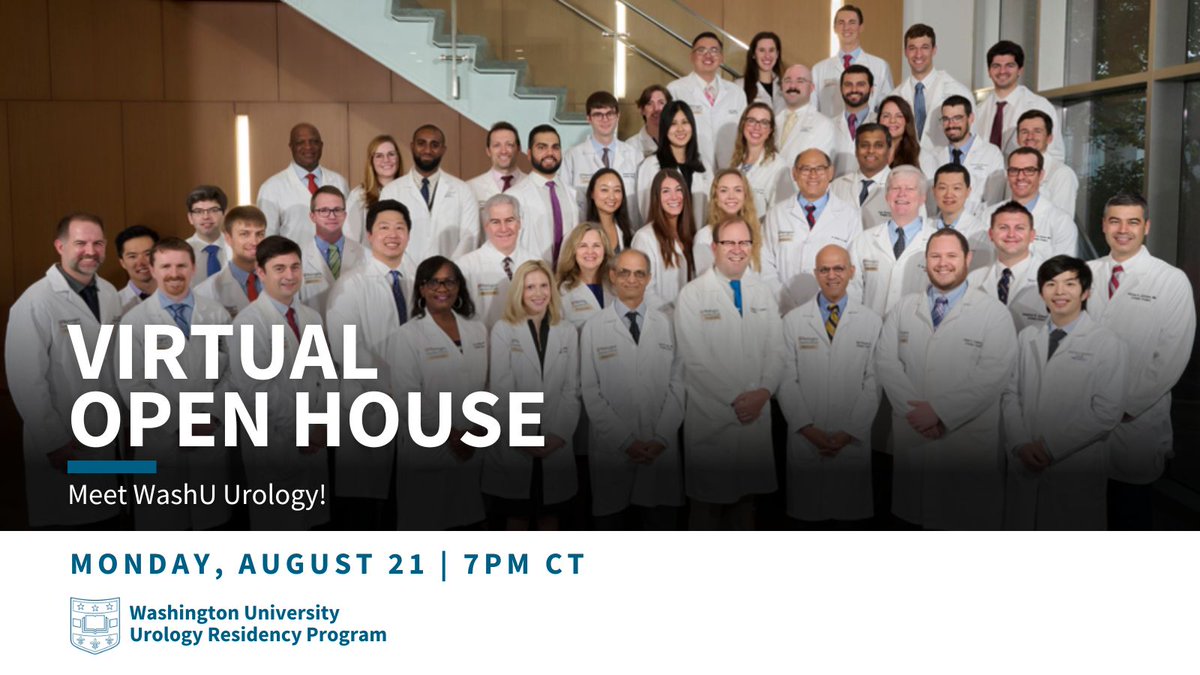 Our first virtual open house will be held on Monday, Aug. 21 at 7 p.m. CT! Join our residents, faculty, and fellows to learn about our program and what it’s like to train at WashU in STL. Register here: bit.ly/43YwYoj @UroResidency @Uro_Res @InsideTheMatch