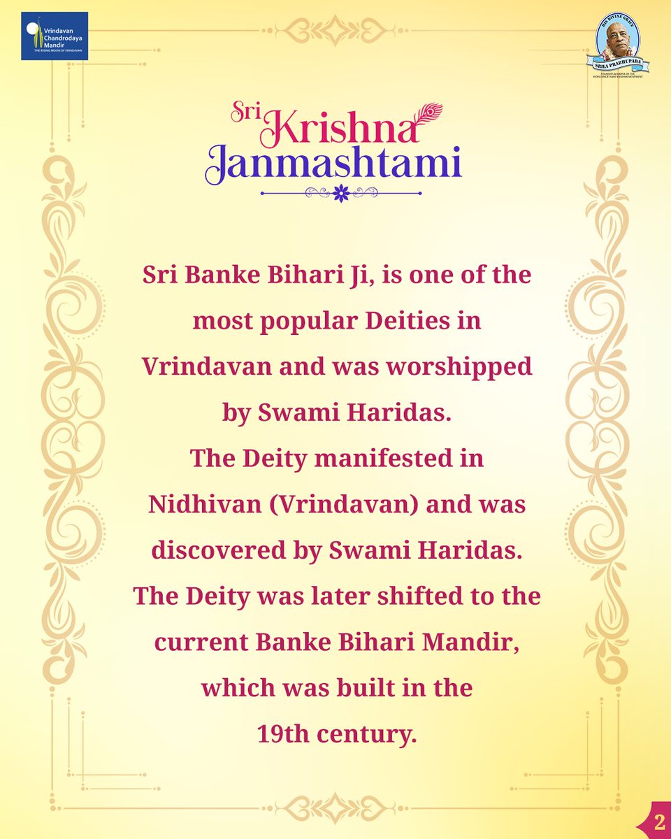 VCMVrindavan's tweet photo. Sri Banke Bihari ji, Vrindavan
.
.
.
.
23 Days left for Sri Krishna Janmashtami.
.
.
.
.
#VrindavanChandrodayaMandir #Vrindavan #TallestTemple #Janmashtami #Gemsofvrindavan #ExploreBraj #BankeBihari #Bihariji https://t.co/i8zXWsu6Yb