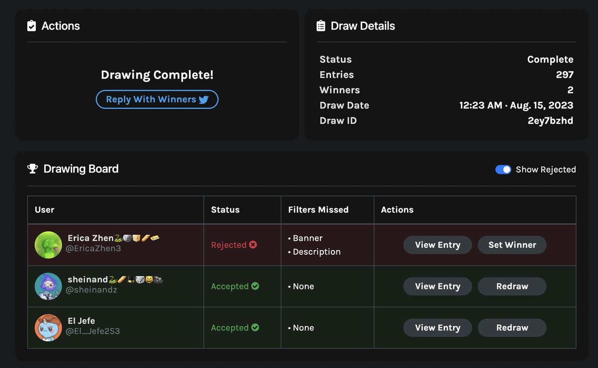 Congrats <a href="/El_Jefe253/">El Jefe</a> and @sheinandz!

Make sure you are in the <a href="/CnftTools/">CNFT Tools</a> discord server in order to claim your prize.