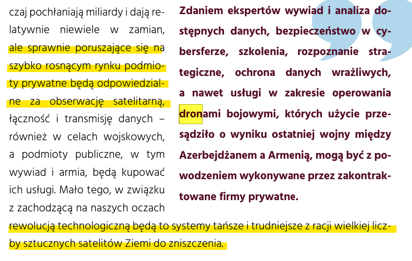 A_Swidzinski's tweet photo. No rzeczywiście; gdyby tylko ktoś suflował – przed wybuchem wojny na Ukrainie! – propozycje polegania na komercyjnych usługach obrazowania satelitarnego i masowego wykorzystania komercyjnych dronów. Gdyby tylko… A nie, przepraszam! 

Poniżej fragmenty Raportu Armii Nowego Wzoru⬇️

Kolejno:

➡️Cywilne drony.

➡️Komercyjne satelity/konstelacje małych satelitów.

No i jeszcze raz: zachęcam do lektury pełnej wersji Raportu #ANW, dostępnej za darmo pod tym linkiem:

https://t.co/qZkFBjgOve