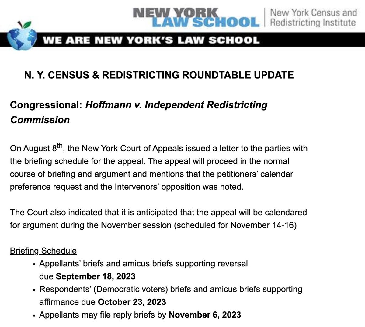 #NEW: The NY Court of Appeals has issued a letter with the briefing schedule in the New York congressional redistricting case.

Stay up to date and get more analysis and information on the lawsuit by signing up to the <a href="/NYElectionNews/">NY Law Elections, Census & Redistricting Institute</a> newsletter: tinyurl.com/ytdubh4z