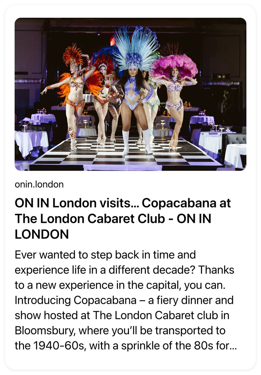 The London Cabaret Club (@loncabaretclub) on Twitter photo Thrilled to be highlighted at <a href="/OnIn_London/">ONIN London</a> with our latest #Copacabana show: onin.london/on-in-london-v…
Don't miss out – immerse yourself in the article and book your experience to enjoy the hottest party in town 💃🌴🕺
#cabaret #onlyatlcc #london Thrilled to be highlighted at <a href="/OnIn_London/">ONIN London</a> with our latest #Copacabana show: onin.london/on-in-london-v…
Don't miss out – immerse yourself in the article and book your experience to enjoy the hottest party in town 💃🌴🕺
#cabaret #onlyatlcc #london