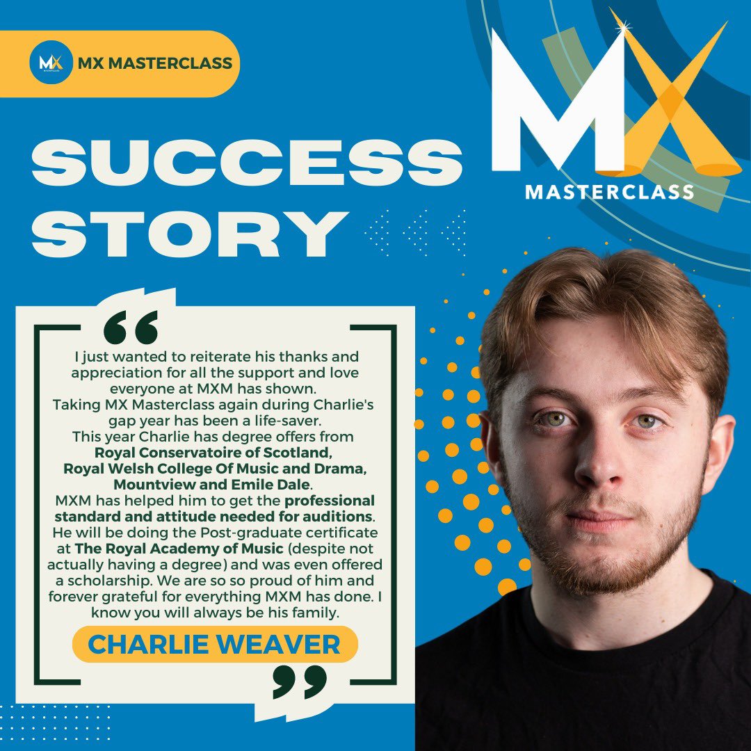 MXMasterclass's tweet photo. ๐จSTUDENT SUCCESS๐จ
๐ถWe are so proud of Emmy Charlie Weaver who is off to @RoyalAcadMusic in September ๐ถ
๐ญ If you want to train at MX Masterclass in either musical theatre or acting you can sign up to come along to a FREE taster day on the 27th August!
#MXMasterclass #MXM https://t.co/oA04QwO45Z