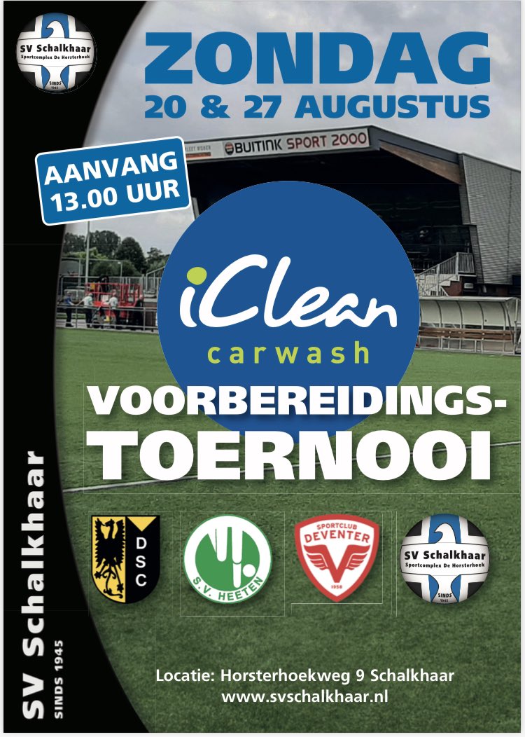 Zondag de eerste oefenwedstrijd van <a href="/SC_Deventer/">Sportclub Deventer</a> van het <a href="/iCleanDeventer/">iClean Deventer</a> toernooi bij @SVSchalkhaar. Wedstrijd om 13:00u tegen <a href="/vvDiepenveen/">vvDiepenveen</a>.