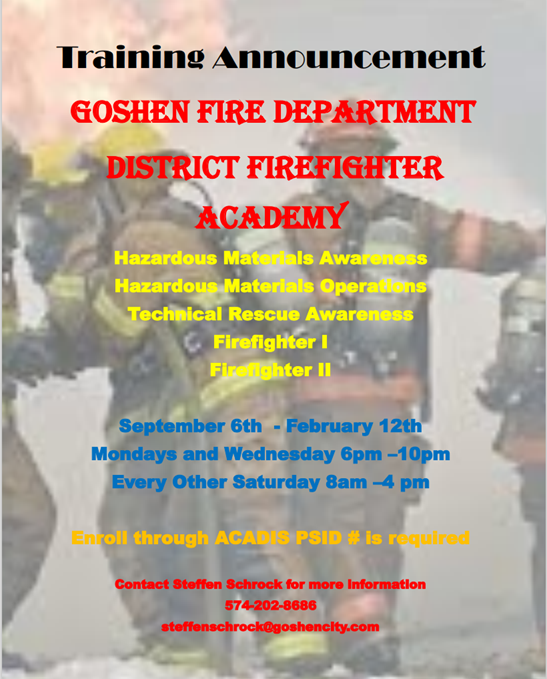 GoshenFF's tweet photo. Goshen Fire is putting on a District Firefighter Academy! If you have any questions, please use the contact information at the bottom of the flyer. #firefighter #firetraining #GFD https://t.co/C8OxxJM7aC