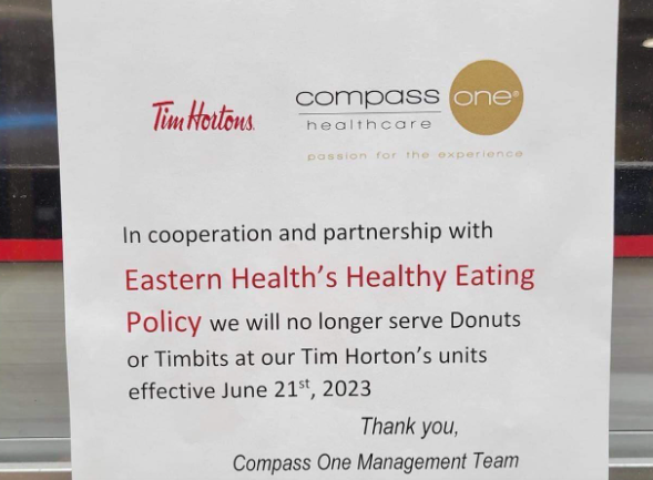 bailzhoward's tweet photo. Tim Hortons at the Health Sciences Centre no longer sells donuts and Timbits as part of Eastern Health's Healthy Food Policy.
Energy/sports drinks and candy are also off the shelves.
By 2025, facilities will also no longer sell chips, chocolate or deep fried foods @NTVNewsNL https://t.co/QSNDoC6ju8