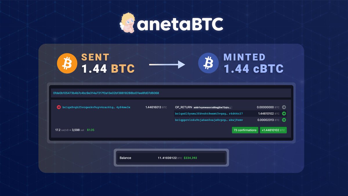 BTC successfully minted on Cardano. 

🔄 Minted: 1.44 cBTC
👼 Total: 11.41 cBTC
💸 TVL: $334,392

Mint here ⛅️👇
app.anetabtc.io